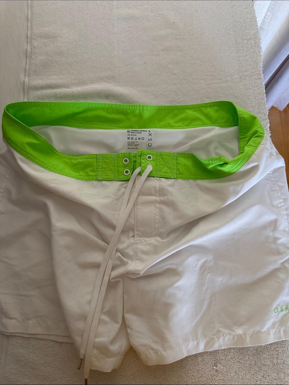 Men's White Swim Board Shorts with Neon Green Waistband Summers not over.